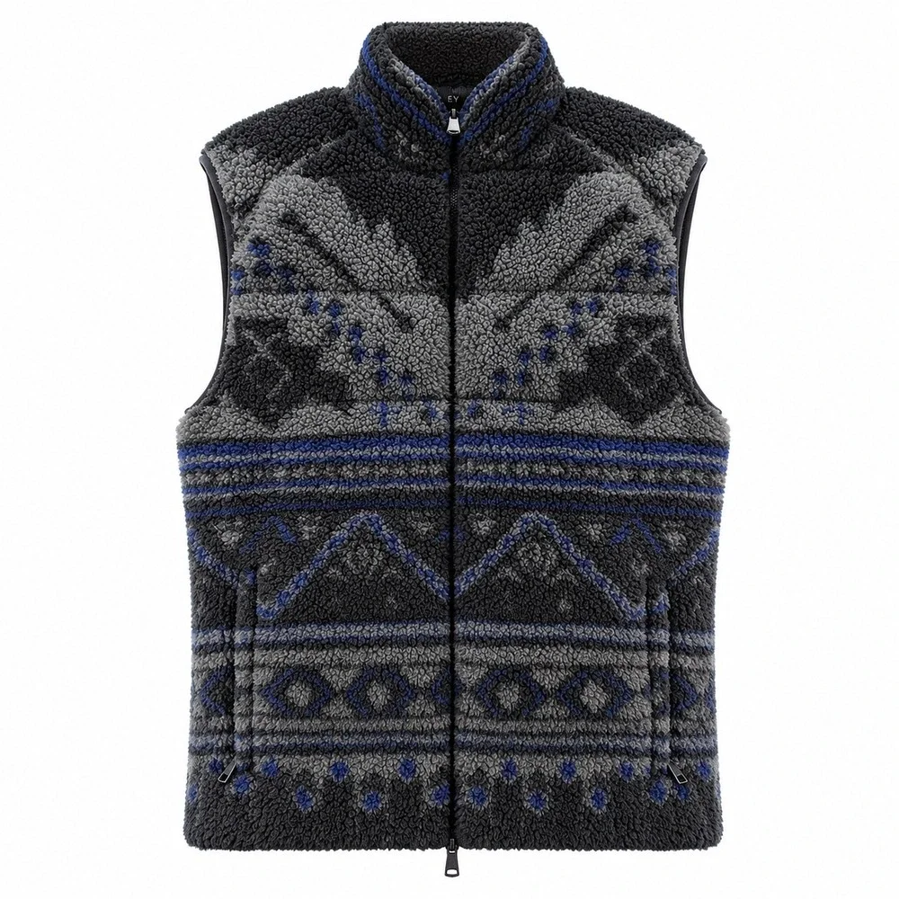 Greyson Men's Sherpa Fleece Full Zip Vest Geometric Fair Isle Medium Gray Blue